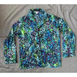 Victorias Secret Size M Blue Green Purple Satin Leopard Print Pajama Long Sleeve